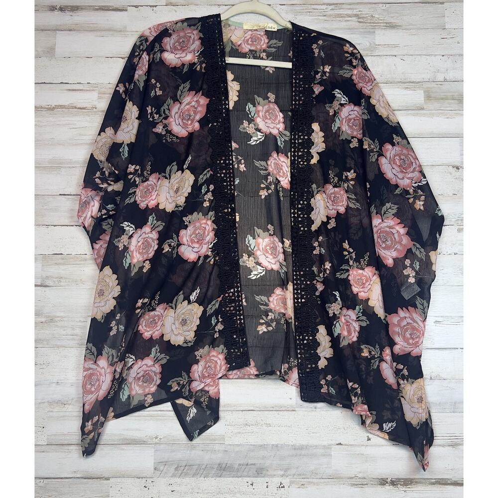 Rewind Womens Floral Kimono XS Black Sheer Open Front Crochet Trim Fits S-M-L